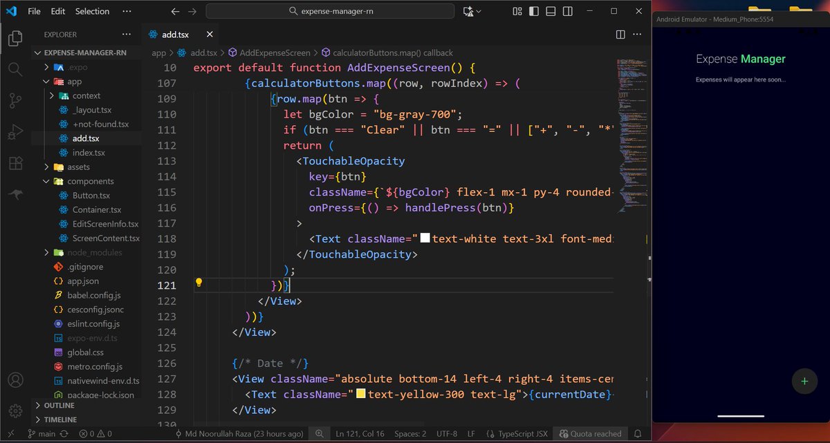 mnraza_codes's tweet image. Day 9 of #100DaysOfCode
Today I learnt & completed:
✅ Async Storage in React Native
✅ Revising redux toolkit
✅ Used Context API in expense manager app
✅ Enhanced the UI for Add Expense screen 
#ReactNative #DevJourney #Coding