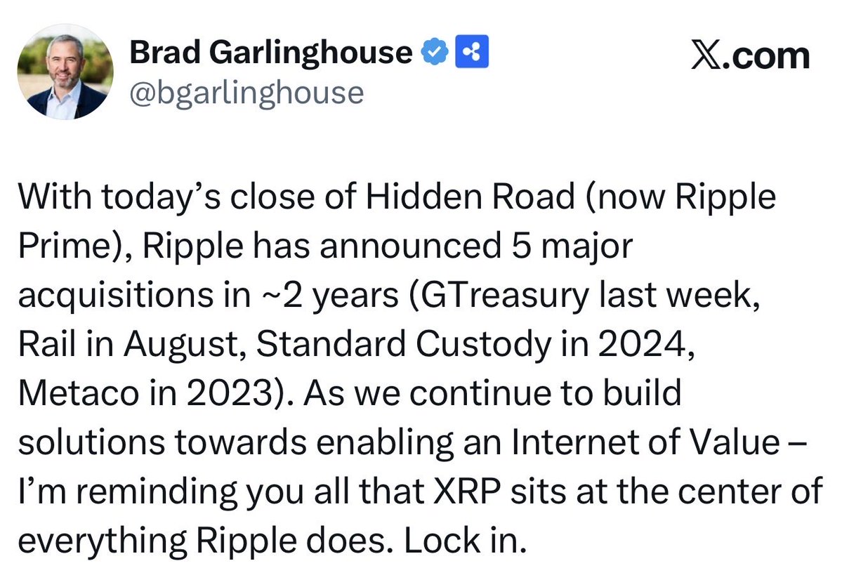 🚨JUST IN: CEO of <a href="/Ripple/">Ripple</a> - Brad Garlinghouse says: “As we continue to build solutions towards enabling an Internet of Value – I’m reminding you all that #XRP sits at the center of everything Ripple does. Lock in.”