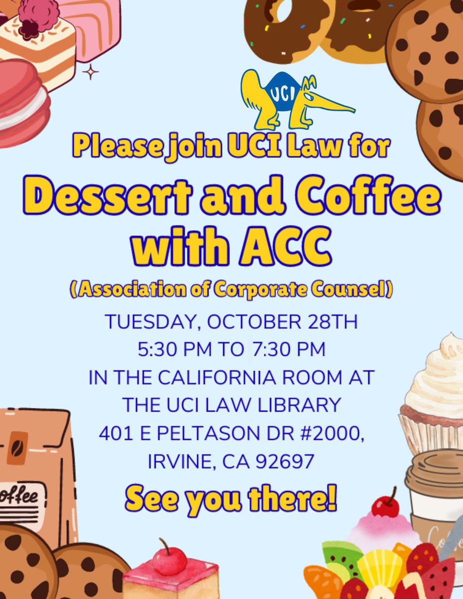 Anteaters After Hours: Networking &amp; Sweet Treats with UCI Law Students

Calling all in-house counsel, come kick back with UCI Law students for an early evening of coffee, desserts, and conversation that’s anything but boring!
