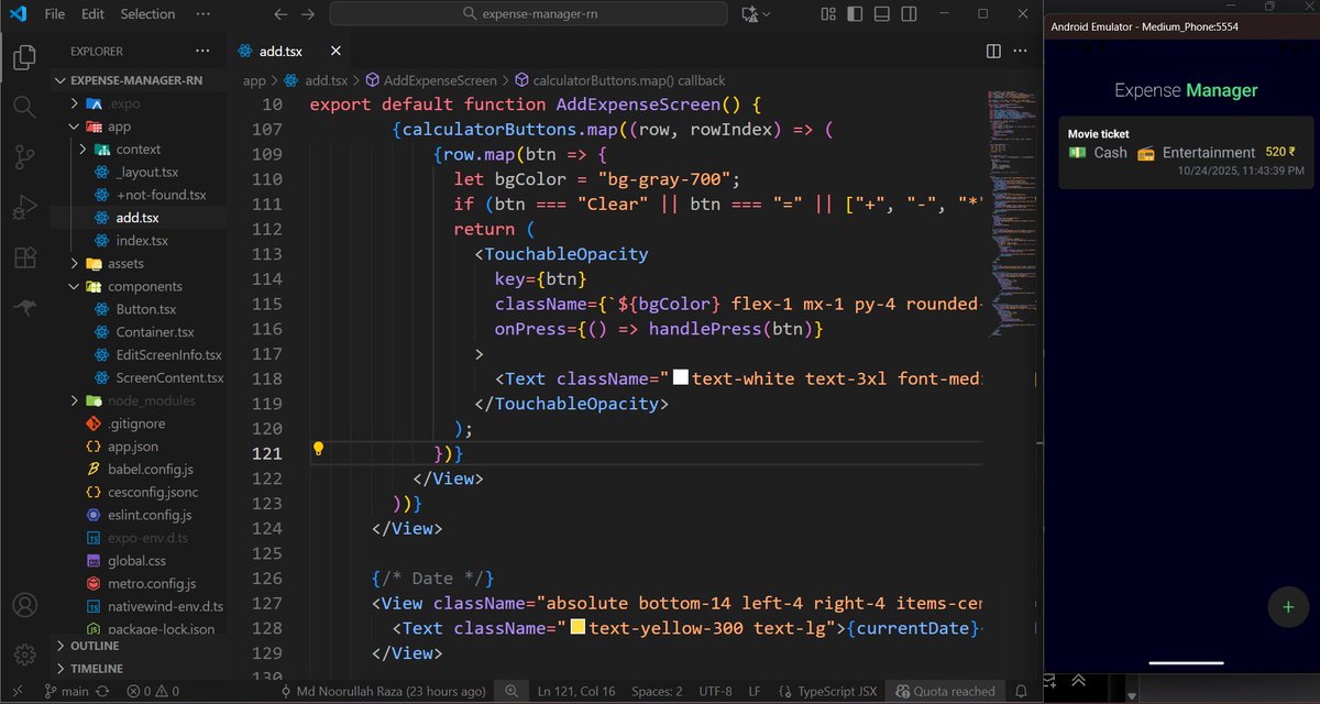 mnraza_codes's tweet image. Day 9 of #100DaysOfCode
Today I learnt & completed:
✅ Async Storage in React Native
✅ Revising redux toolkit
✅ Used Context API in expense manager app
✅ Enhanced the UI for Add Expense screen 
#ReactNative #DevJourney #Coding