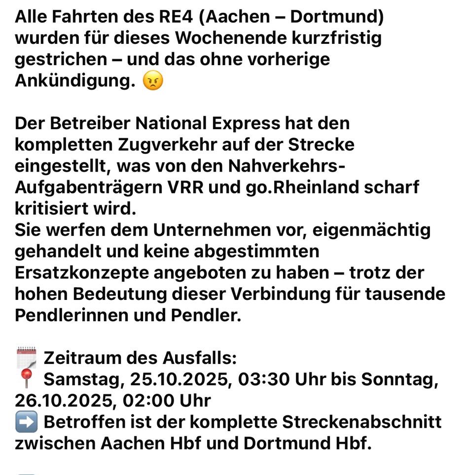 Morgen wird ja richtig entspannt mitm Zug wenn der RE4 das ganze wochende ausfällt😭