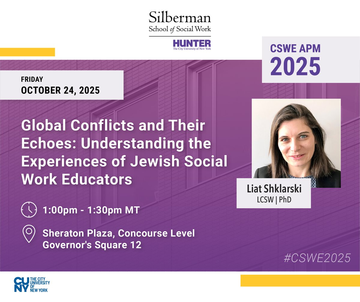 silbermanssw's tweet image. If you are at CSWE APM, join Assistant Professor Liat Shklarski in Governor&apos;s Square 12 room at 1:00pm MT for “Global Conflicts and Their Echoes: Understanding the Experiences of Jewish Social Work Educators&quot; 

#cswe2024 #cswe24 #apm24 #apm2024 #csweapm #oneCSWE #socialwork