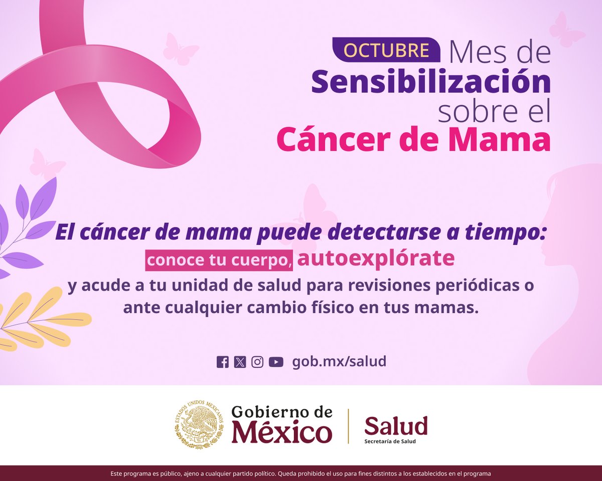 Octubre | Mes de Sensibilización sobre el #CáncerDeMama 🩷

La autoexploración te ayuda a identificar cambios como bultos, secreciones o hundimientos en tus mamas. También existen otras formas de detección: la exploración clínica realizada por personal de salud y la mastografía,