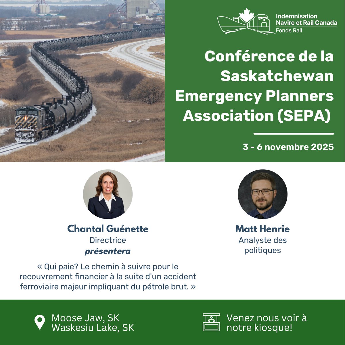 🛤️ Prochain arrêt : la conférence 2025 de la Saskatchewan Emergency Planners Association!
 
Nous avons hâte de rencontrer les professionnels des services d’urgence de toute la province et sommes ravis de faire une présentation sur notre Fonds Rail!