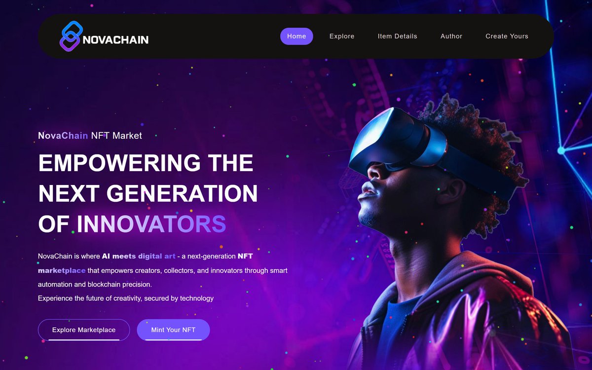 TomiDaWebDev's tweet image. Got inspired after seeing the stunning flyers @PeejayCre8ive designed, had to bring NovaChain to life on the web.
Now the web version’s done, where AI meets digital art. ⚡👨🏽💻
#WebDevelopment #NFT #AI #Blockchain #UItoCode #NovaChain #DevelopersLife