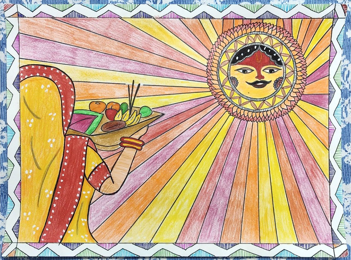 ThE_RRJ's tweet photo. A colorful tribute to the 'Mahaparv' of Chhath. ✨ Tried to capture the connection between the devotee and the Sun God in a traditional folk style. Hope you like my painting!
#ChhathPuja2025 #FolkArt #Painting #ArtistOnTwitter #Bihar https://t.co/giNlqbyJp4