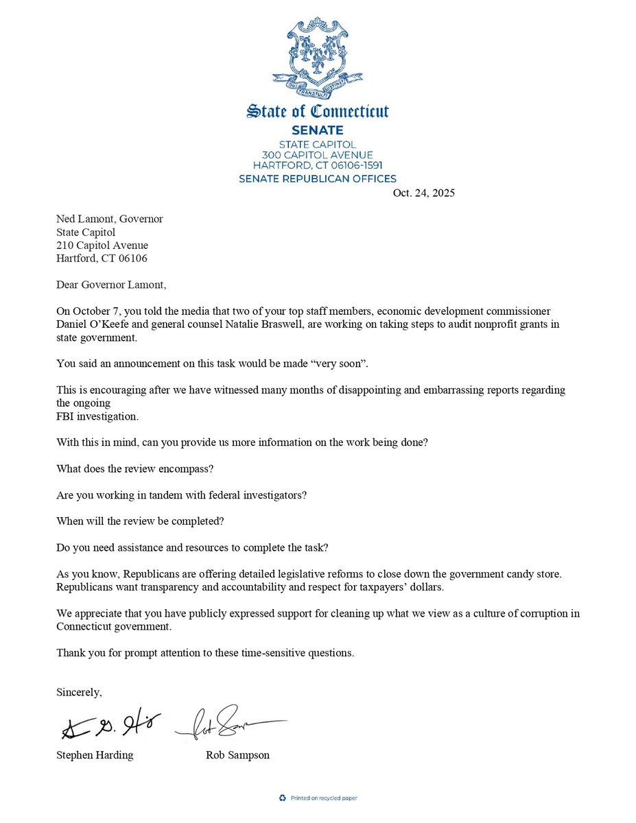 Millions in hidden earmarks. Zero transparency.

Sen. Harding &amp; I are demanding answers from Gov. Lamont.

The FBI is watching—and so are we.