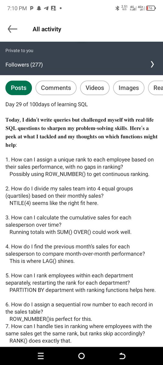 Etty_official's tweet image. Day 29 of SQL learning: No queries today, just real-life problems
Thinking through when to use:
- ROW_NUMBER()
- NTILE()
- LAG() & LEAD()
- RANK() & PARTITION BY
- Moving averages with OVER()
Slowly connecting the dots! #SQL #DataLearning #100daysoflearningSQL