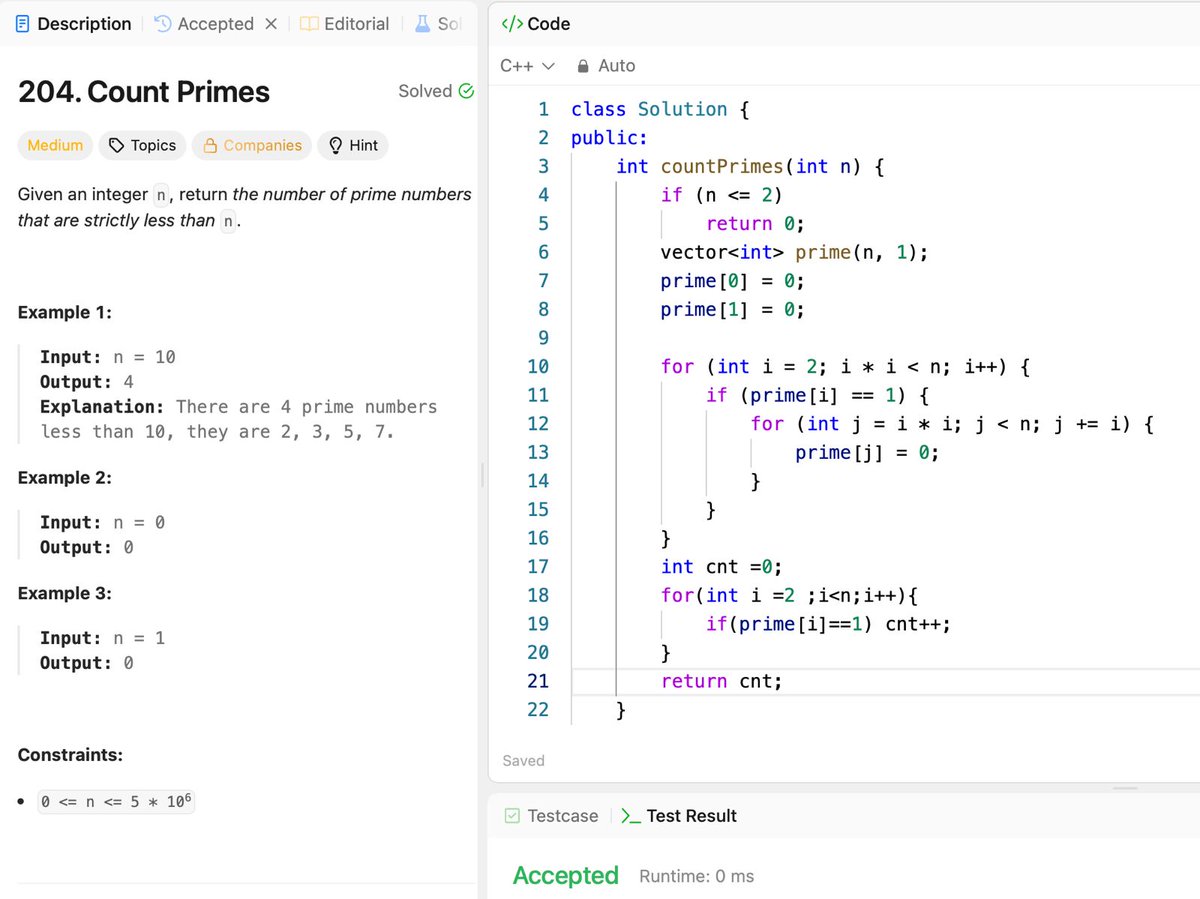 AnuragBuilds's tweet image. 👨🏻💻Day 86/100
    ~💻 204. Count Primes
    ~💻Print Prime Factors of a Number
    ~💻All Divisors of a Number
#100DaysOfCode #DSA #LeetCode