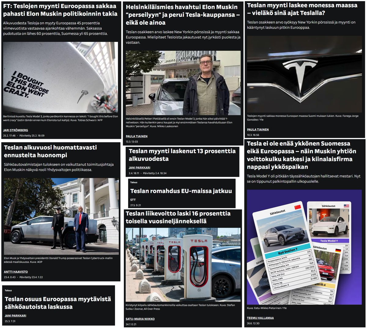 Alkuvuodesta Yleltä tuli kuin liukuhihnalta otsikoita Teslasta.

En kuitenkaan löytänyt yhtään juttua tämän hetken tilanteesta.

Tiedoksi toimittajille!

Myydyin sähköautomalli 2025 tähän mennessä on

Suomessa: Tesla Model Y 
Euroopassa: Tesla Model Y 
Maailmassa: Tesla Model Y