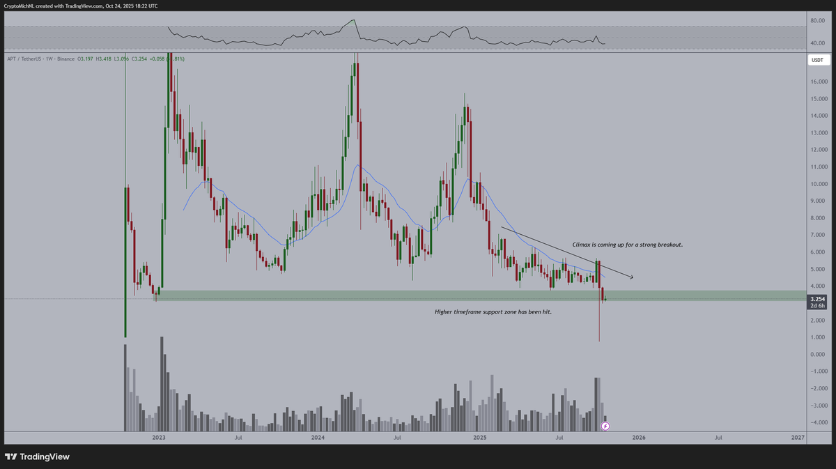 CryptoMichNL's tweet photo. The markets are, again, providing massive opportunities. 

Trumps' WLFI stablecoin USD1 is build on top of $APT, while the valuation of $APT is at a cycle low.

People keep on hating on the current valuations of #Altcoins, which I completely understand. 

However, again, we're at the start of such a big upwards run on the entire markets that you can't deny these opportunities. 

Take them.
