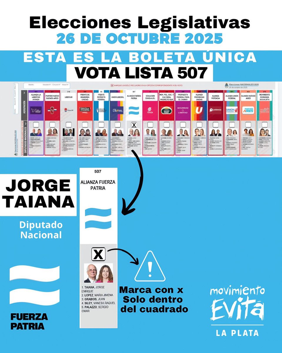 📢 Este 26 de octubre defendamos nuestros derechos en las urnas.
🗳️ ¡Votá lista 507!
✖️ Marcá dentro del casillero de Jorge Taiana – Diputado Nacional.
Porque la Patria se defiende con participación y organización ✌🏻🇦🇷