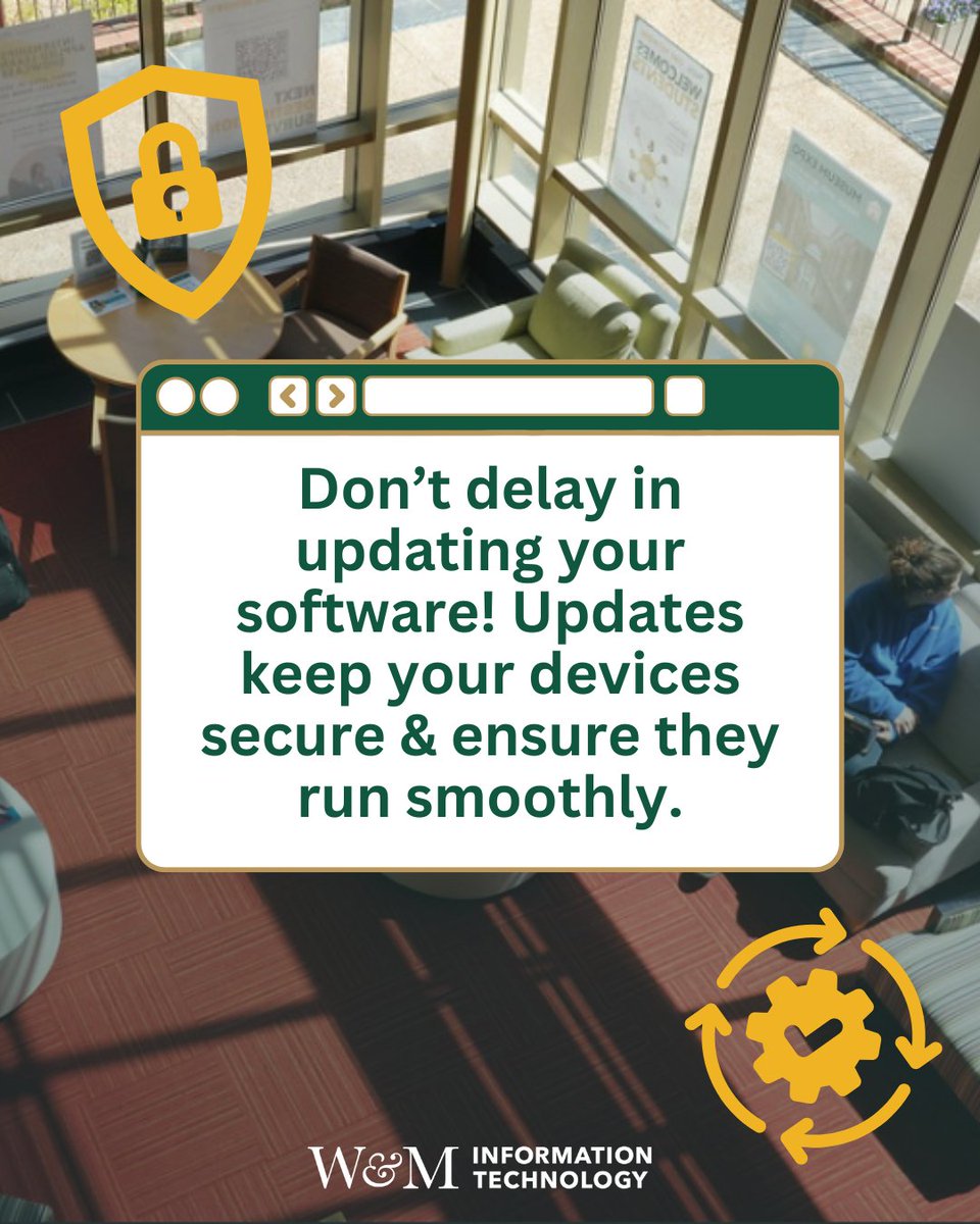 🔄 Final #NCSAM tip: Update your software!

Ignoring updates = leaving security holes open for hackers.
✅ Enable auto-updates 
✅ Install security patches 
✅ Restart when prompted

Stay protected: wm.edu/it/ncsam