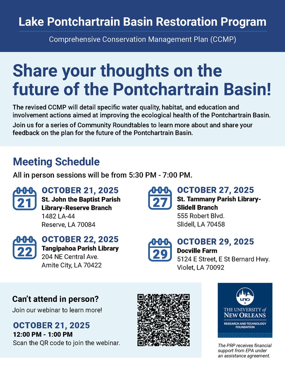 The Environmental Protection Agency (EPA) will host a community roundtable for the Lake Pontchartrain Basin Restoration Program on October 27, in the St. Tammany Parish Library Branch at 555 Robert Blvd. in Slidell from 5:30-7 p.m.

To learn more: epa.gov/la/lake-pontch…