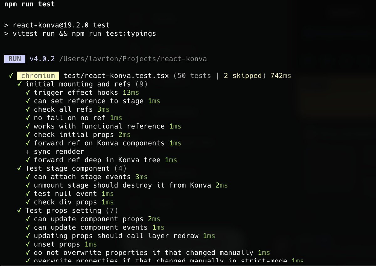 Finally migrated from mocha + headless chrome for react-konva testing into vitest v4.

Much faster, better reports, fewer dependencies. 

Love it.