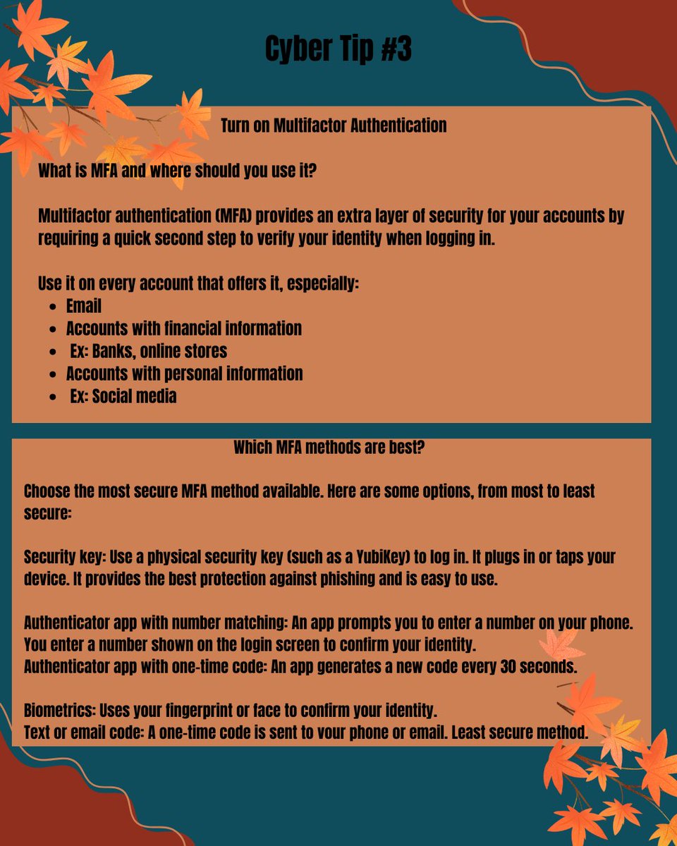 Hello <a href="/winonastateu/">Winona State University</a> warriors here is the third tip for cyber security awareness month! Make sure to turn on your multi factor authenticator! Happy Friday enjoy the weekend! #cybersecurityawarnessmonth #cyberstrongamerica