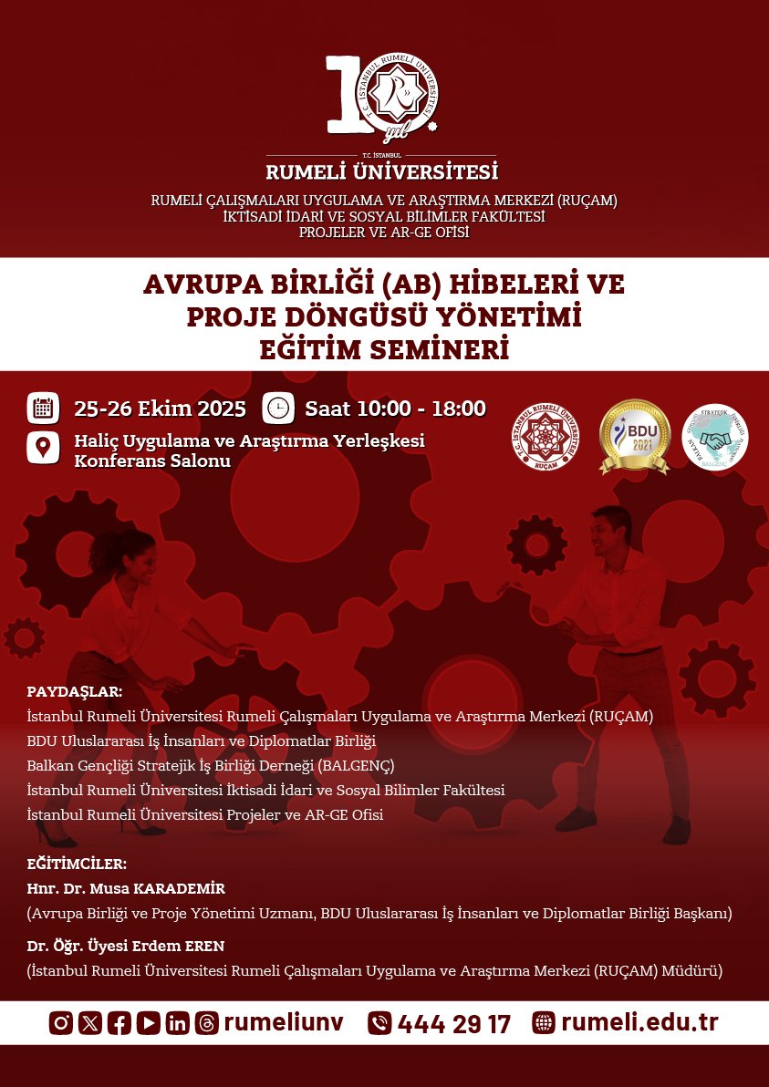 RUÇAM'ın öncülüğünde BALGENÇ ve BDU iş birliğinde tertiplediğimiz "Avrupa Birliği (AB) Hibeleri ve Proje Döngüsü Yönetimi Eğitim Seminerimiz" yarın İstanbul Rumeli Üniversitesi ev sahipliğinde başlıyor.