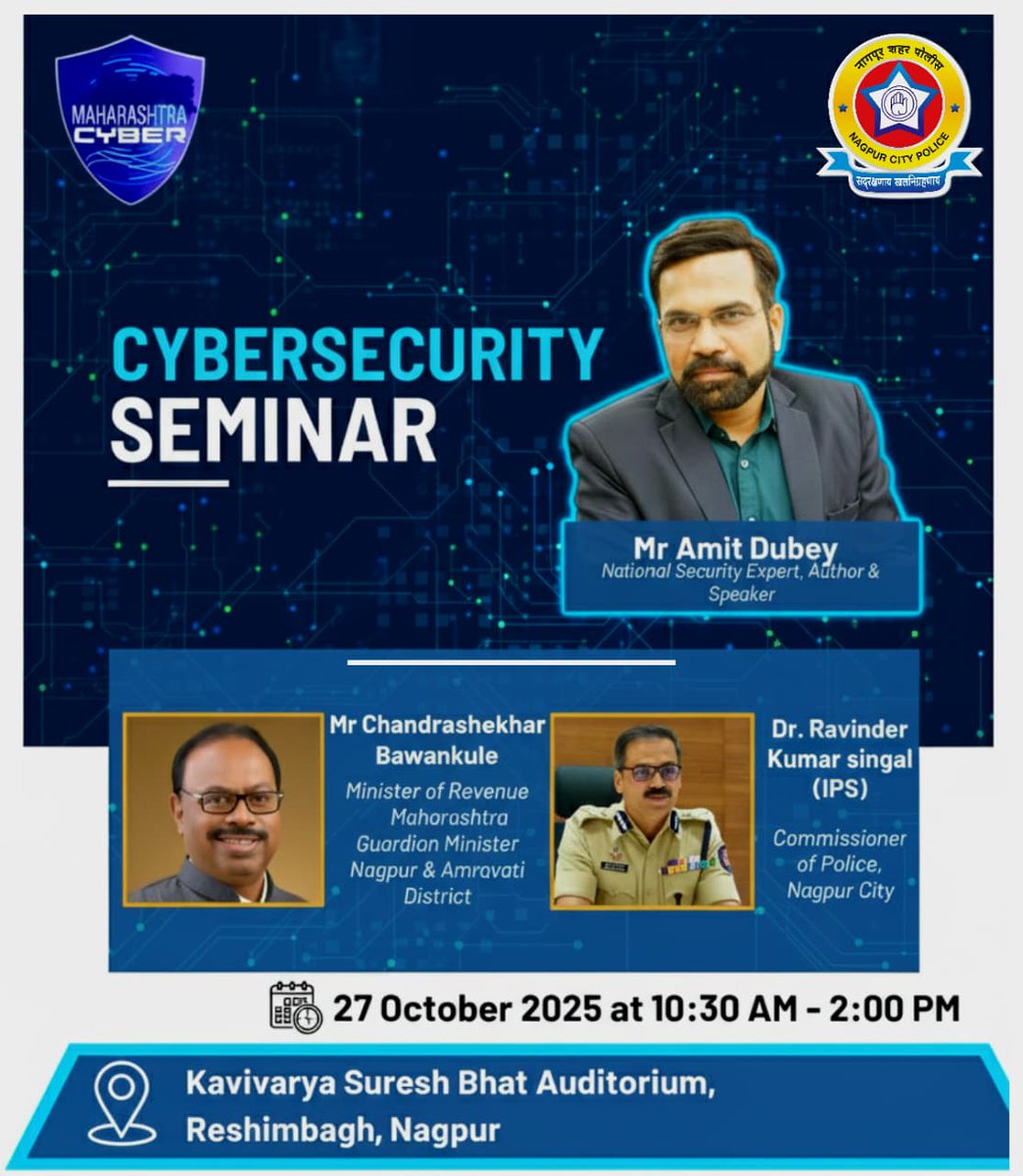 CyberDubey's tweet image. See you at Nagpur on Monday,

Many Thanks to Sh Ravindra Singal Ji, Commissioner of Police,Nagpur City and Sh Lohit Modani JI, DCP Cyber
#CyberCrimeMuktBharat
#ScamMuktBharat
#HiddenFiles
#MobiArmour
#hackcrimesonlineamazonprime
#atharva
#cybercrimekiduniyaddnational