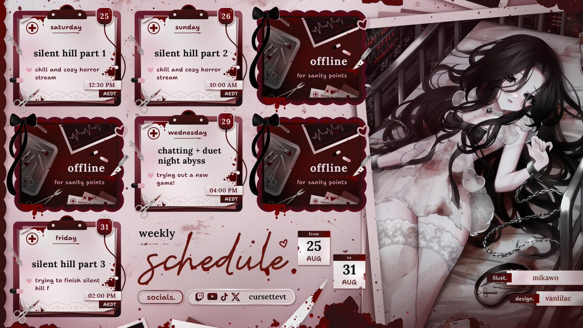 cursettevt's tweet photo. My schedule for the week is up ~ 

make sure to catch up with me on stream ~

#Vtuber #fndawareness #silenthillf #DuetNightAbyss https://t.co/i93svCVHtw