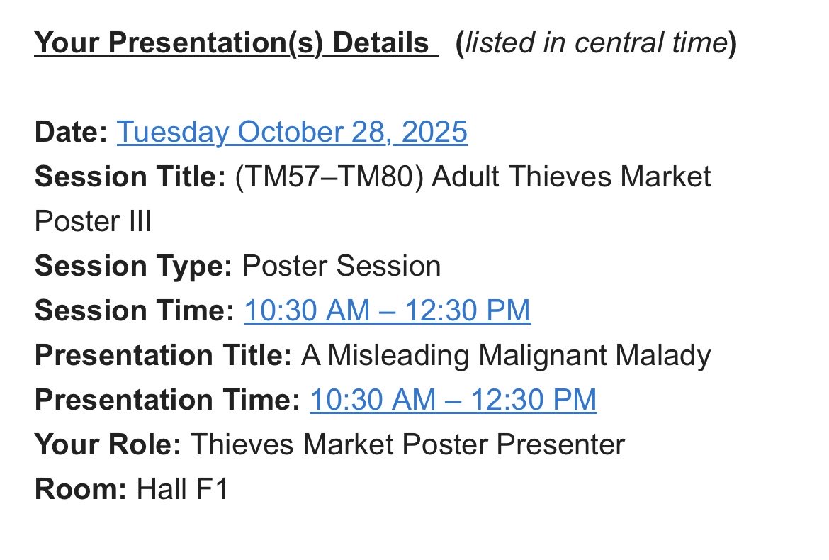 In Chicago for #ACR25 &amp; very excited to be presenting our work “A misleading malignant malady” at the Thieves Market! 

Come and say hello if you’re around on Tuesday! 👋🏼😁

<a href="/ACRheum/">American College of Rheumatology</a>