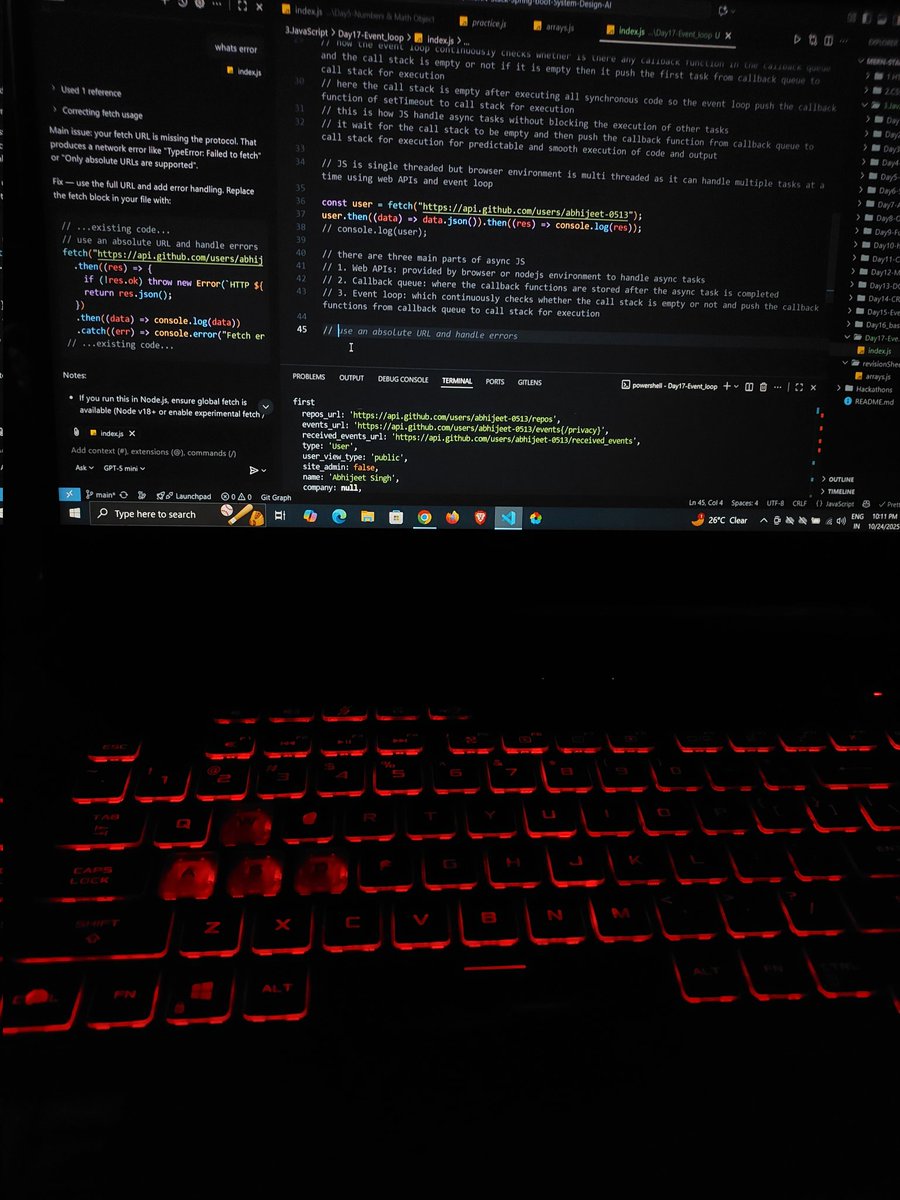 _abhijeet13's tweet image. Day 32 of my #WebDev journey ๐ป
Learned about asynchronous behavior in JavaScript โ how it handles async tasks and how the event loop works ๐
Understanding this makes JS behavior much clearer!
#JavaScript #100DaysOfCode #CodingJourney #DevCommunity #LearnInPublic