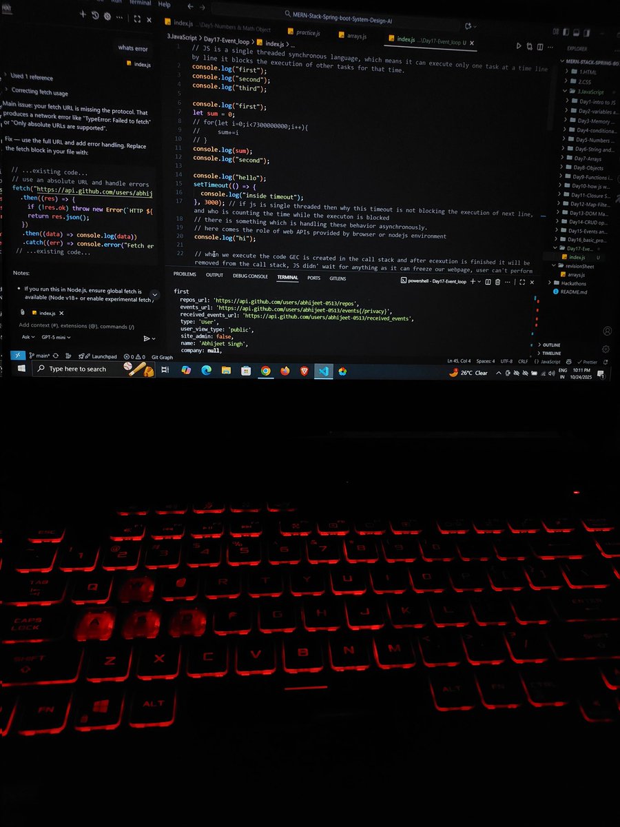 _abhijeet13's tweet image. Day 32 of my #WebDev journey ๐ป
Learned about asynchronous behavior in JavaScript โ how it handles async tasks and how the event loop works ๐
Understanding this makes JS behavior much clearer!
#JavaScript #100DaysOfCode #CodingJourney #DevCommunity #LearnInPublic