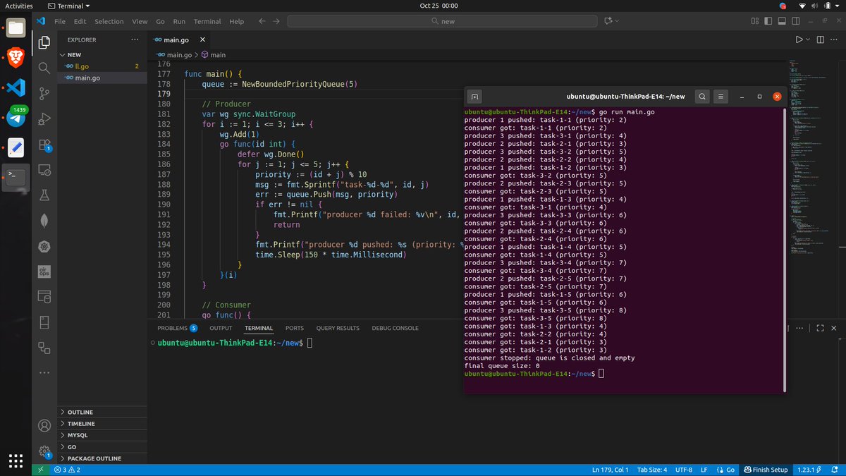 MYK12397's tweet image. implemented bounded priority queue in go using channels and goroutines.
- used Go's container/heap for O(log n) push/pop operations with proper priority ordering.
- all heap operations are protected by a mutex since container/heap isn't concurrent-safe.
#golang #go