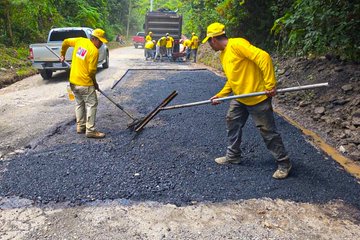 First image shows several workers in yellow vests and helmets standing near a white pickup truck on a potholed asphalt road flanked by dense green vegetation and a roadside sign numbered 25, with some workers sweeping debris. Second image depicts two workers in yellow shirts using brooms to spread fresh black asphalt on the road edge next to a dump truck and another vehicle, surrounded by lush greenery. Third image features workers operating a small yellow roller on newly paved asphalt road section with a black SUV and white car nearby, under a utility pole amid forested hills. Fourth image displays a red pickup truck parked beside a smooth newly asphalted road curving through green bushy terrain with a sign numbered 25 visible.