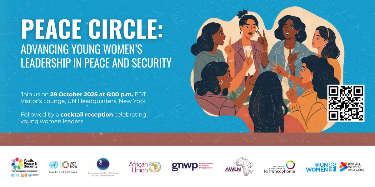 UNWOMEN4Youth's tweet photo. 🕊️When young women lead, peace follows.
⚖️Join us at UNHQ for the #PeaceCircle, a dynamic dialogue with young women peacebuilders, UN leaders & Member States driving action for #WPS@25 & #YPS@10.
➡️Register: https://t.co/iODs5zaR6K
#HearUsActNow #UNWomen https://t.co/PYvC08P6tI
