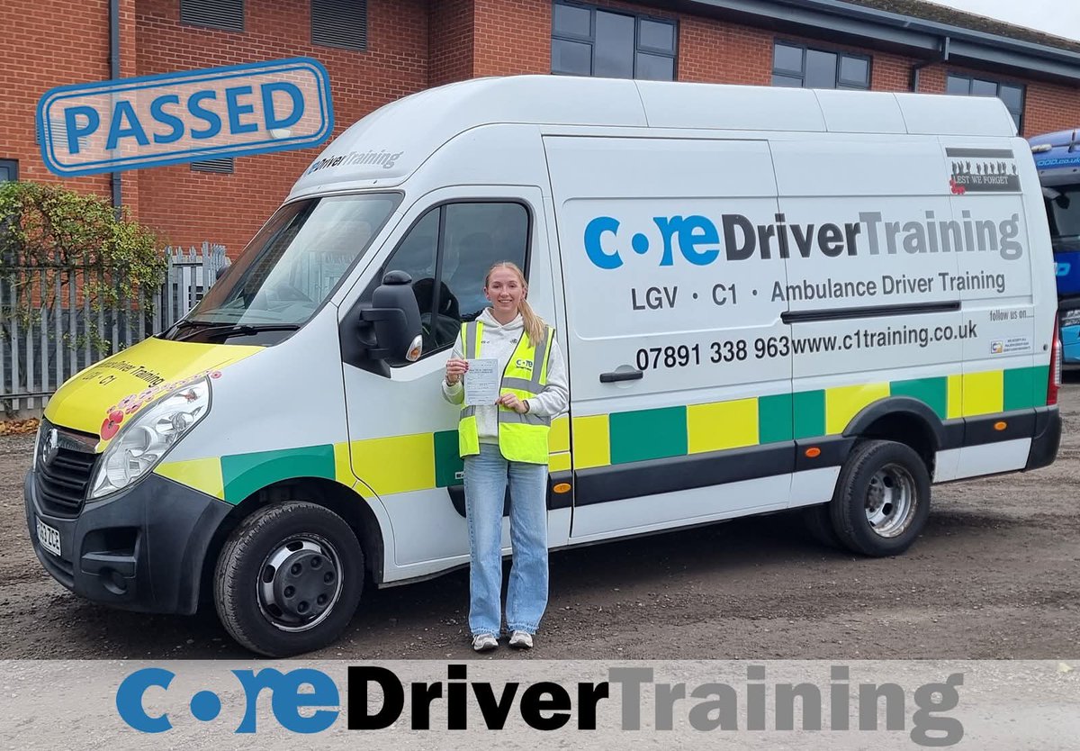 driver_cor91706's tweet image. A huge congratulations to Poppy Young with an excellent C1 pass at Watnall Test Centre today. Sending you our best wishes with your future career and courses from all of us here at Core Driver Training. 😁🚑

#TeamCore