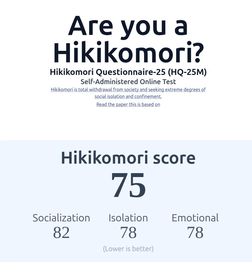 thephatcoder's tweet image. Got high marks but in the wrong subject
what's your Hikikomori score guyz