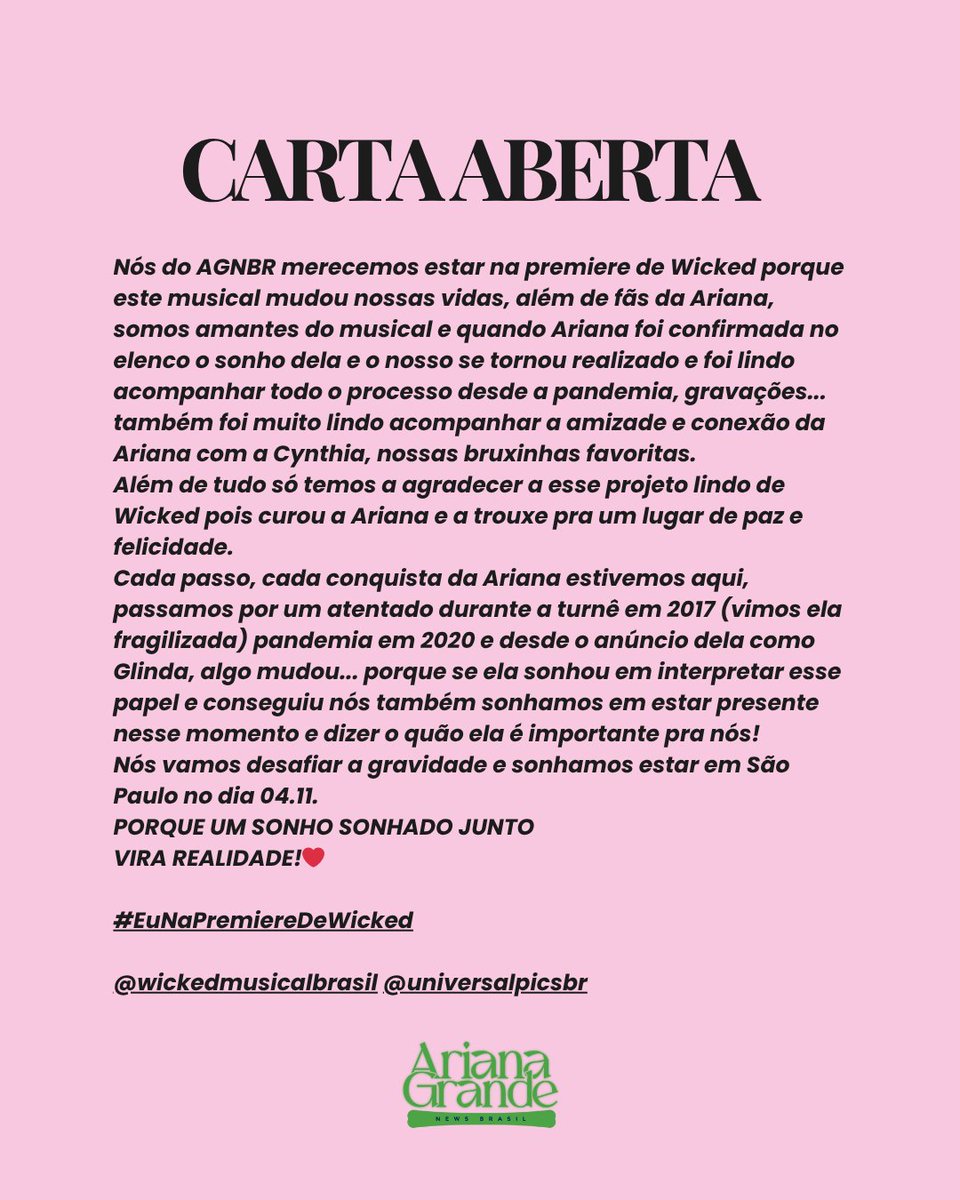 arianaagnewsbr's tweet image. 🚨CARTA ABERTA A @wickedmusicalbr @UniversalPicsBr @arianagrandebr @infoari 

por favor compartilhem.🥹