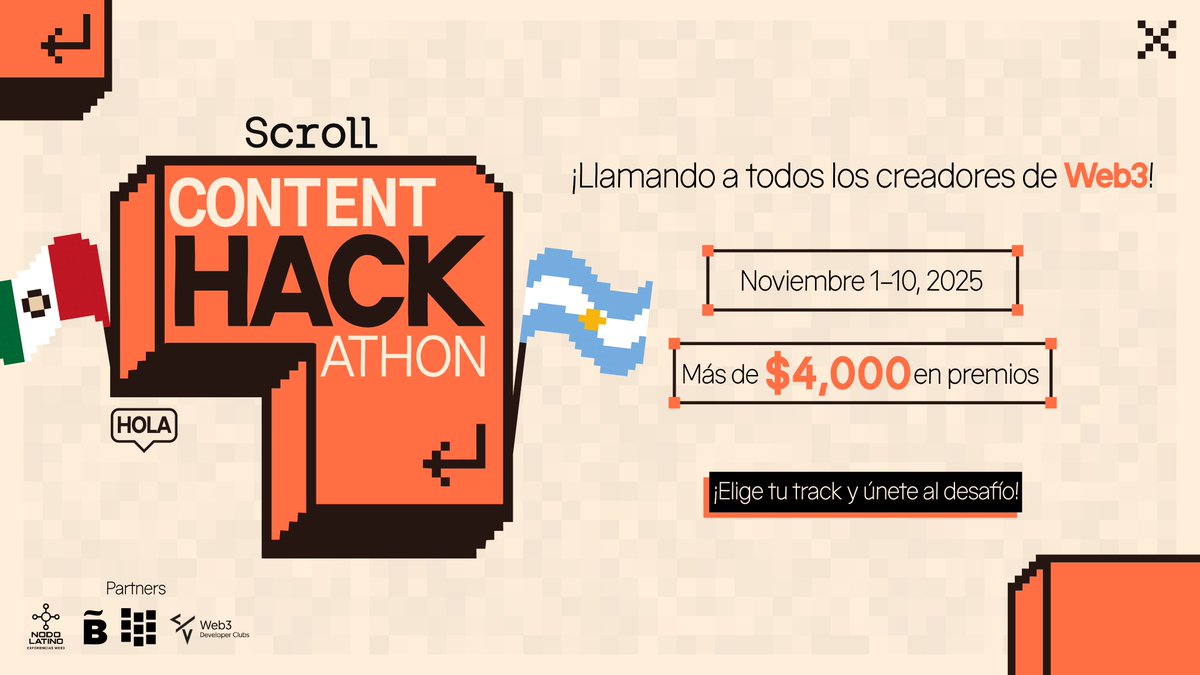 NodoLatino's tweet image. ¡Llega el Scroll #ContentHackathon 2025!

Porque en @Scroll_ES , creemos que los creadores son el corazón de una comunidad Web3 abierta, vibrante y próspera.

Crea contenido, comparte tu visión y gana parte de +$4,000 USD en premios 💰