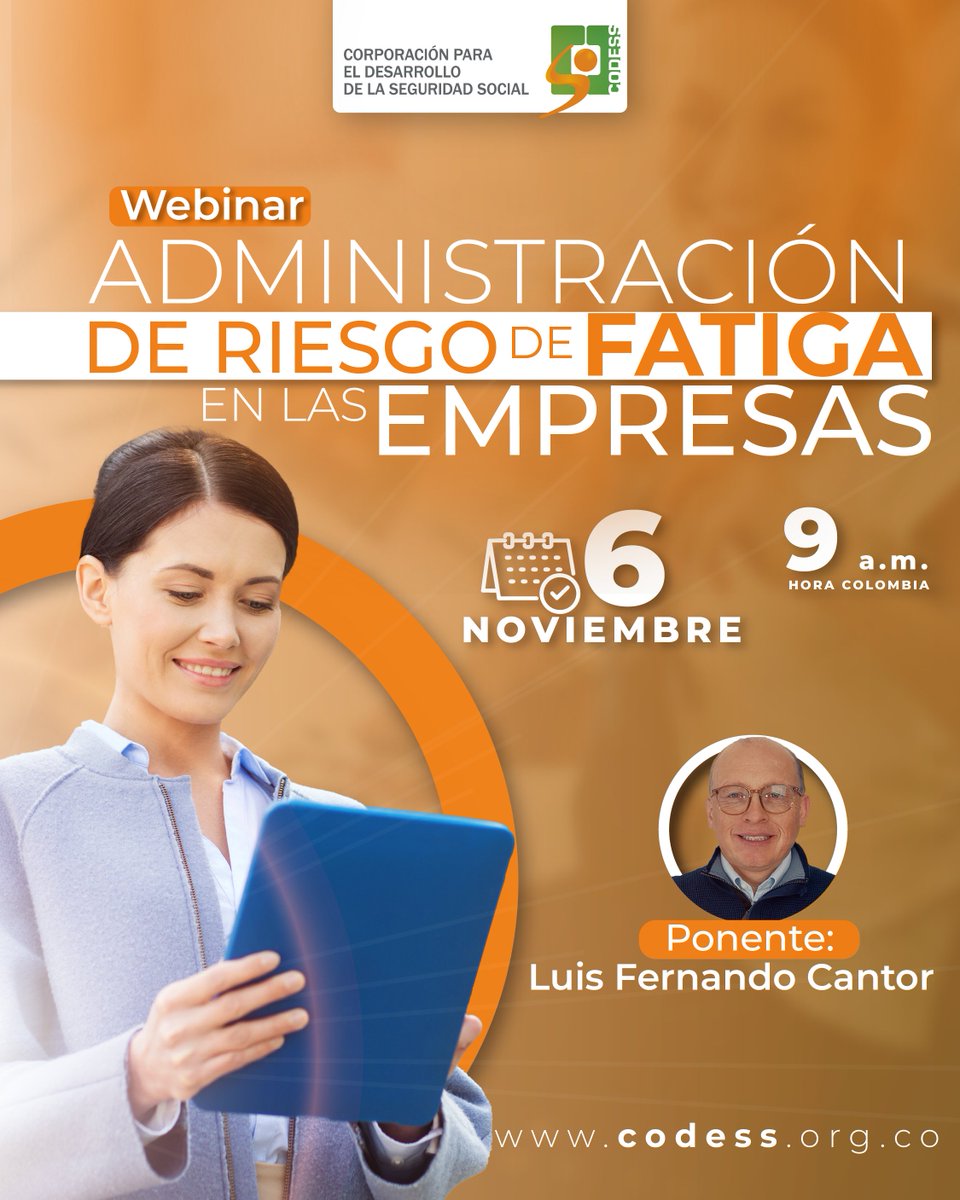 codessco's tweet image. 💻✨ ¡No te pierdas nuestro #WebinarGratuito!
Tema: Administración del riesgo de fatiga en las empresas 😴🏢
🗓️ 6 de nov | ⏰ 9:00 a.m. | 💲 Sin costo
🔗 Regístrate 👉 bit.ly/3TU3Ziu
#CODESS #BienestarLaboral #SeguridadySaludEnElTrabajo