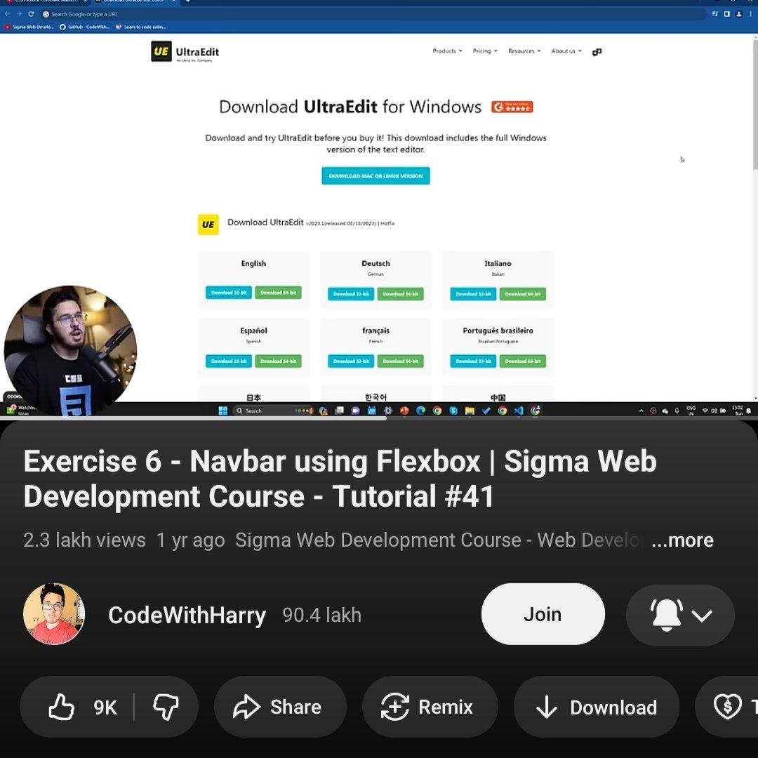 vinayaksharma05's tweet image. Exercise 6
Create a NavBar using FlexBox.

About Exercise:
Create a identical Navbar of @UltraEdit.

Tutorial 41 form @codewithharry bhai&apos;s 
Free course - Sigma Web development course

#FrontendDeveloper
#FrontendDevelopment
#WebDeveloper
#WebDesign
#WebDevelopment
#HTML
#CSS