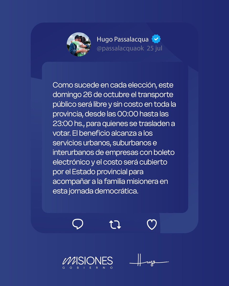 adolfosafran's tweet image. #Elecciones2025  #Misiones
El gobernador @passalacquaok anunció que este domingo 26 de octubre el transporte público será libre y sin costo en toda la provincia, desde las 00:00 hasta las 23:00 hs., para quienes se trasladen a votar. El beneficio alcanza a los servicios urbanos,…