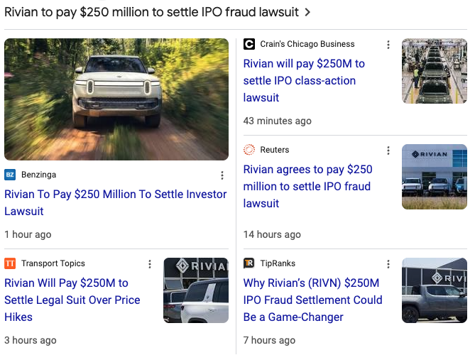 Rivian just settled a $250M lawsuit alleging they withheld material information from IPO investors.

Normally I despise class action lawsuits regarding disclosures and stock prices since they are usually corrupt but this one is legit.

Since I was a day 1 IPO buyer AND a day 1