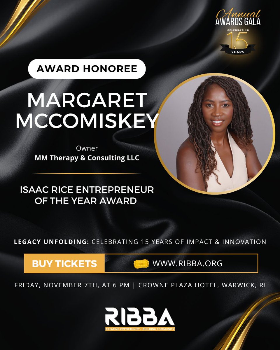 🎉 We are proud to honor Margaret McComiskey, CEO of MM Therapy &amp; Consulting with the Isaac Rice Entrepreneur of the Year Award at our Annual Awards Gala!

🎊 Join us on Friday, November 7th at 6 PM at the Crowne Plaza Hotel in Warwick, RI.

🎟️Buy Tickets: ribba.org/gala
