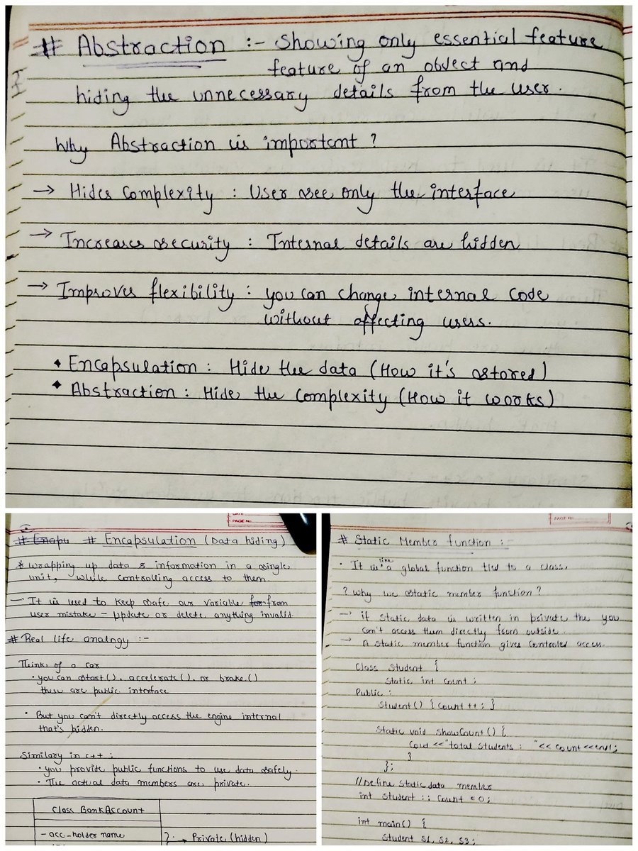 NikhilKumar_45's tweet image. Day 29/100 - #100DaysOfCode 🚀

Explored key OOP concepts today 🧠

→ Static Data Members - shared by all objects
→ Static Functions - used without creating objects
→ Encapsulation - hides &amp;amp; protects data
→ Abstraction - focuses on essentials

#cpp #OOP #Coding @rohit_negi9