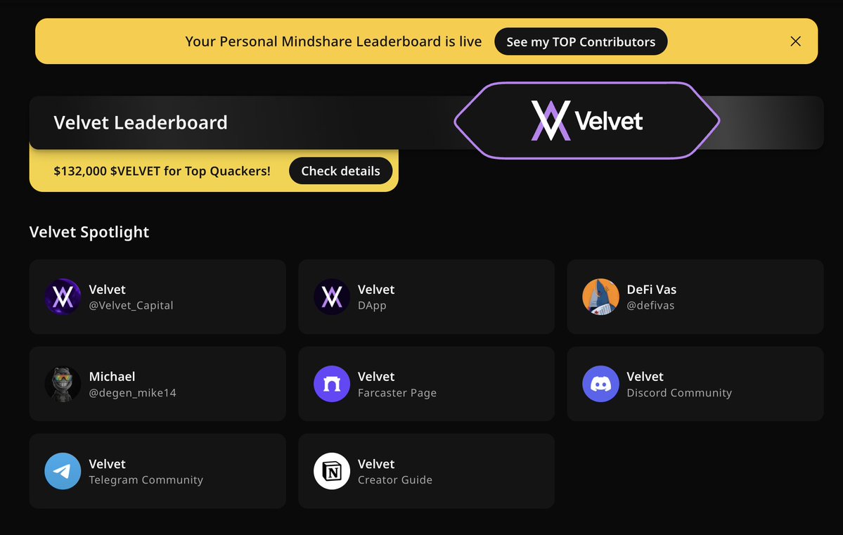 $132K in $VELVET is on the table 👀

The Velvet Capital Mindshare Leaderboard is live, rewarding those who actually move the conversation.

<a href="/Velvet_Capital/">Velvet</a> is changing how DeFi trading and portfolio management work.

And yeah, it’s another solid leaderboard drop on <a href="/wallchain/">Wallchain Quacks</a>.