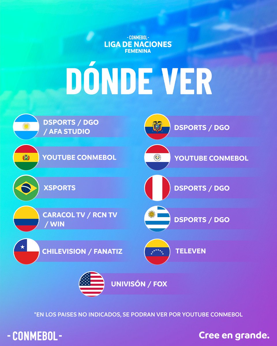 📺♀️ OFICIAL: Estas serán las señales de transmisión por país de la Liga de Naciones Femenina de la CONMEBOL.

Hoy arranca el sueño mundialista rumbo a Brasil 2027 para las 9 selecciones participantes.

#LNF 🔜🇧🇷