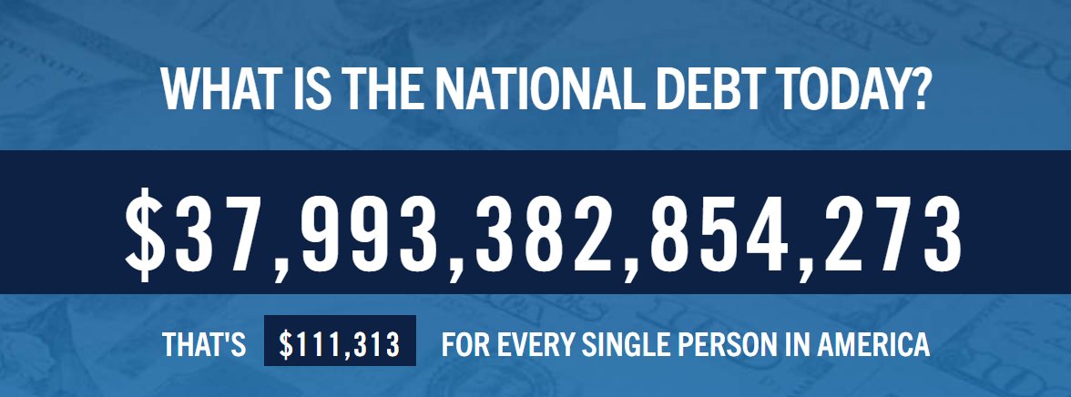 danielllradu's tweet image. Datoria națională a SUA a atins un record de aproape 38 trilioane $, peste 111.000 $ pentru fiecare american. 
Când datoria crește la infinit, dolarul pierde valoare. 

Bitcoin nu poate fi tipărit, este alternativa la un sistem bazat pe datorii și inflație. 🚀
