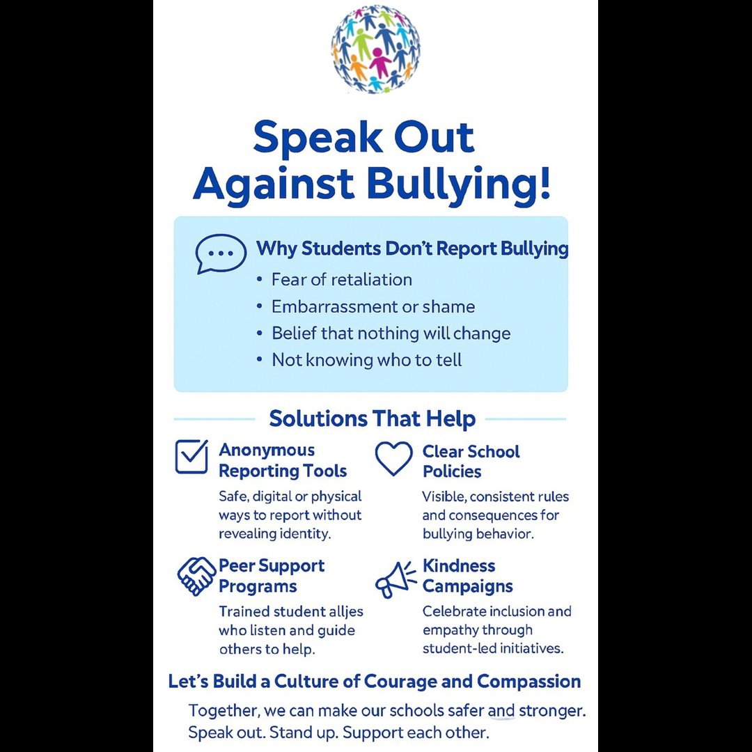 Too often students are afraid to report bullying.  Here are some solutions schools can use to help them.
#speakoutagainstbullying
