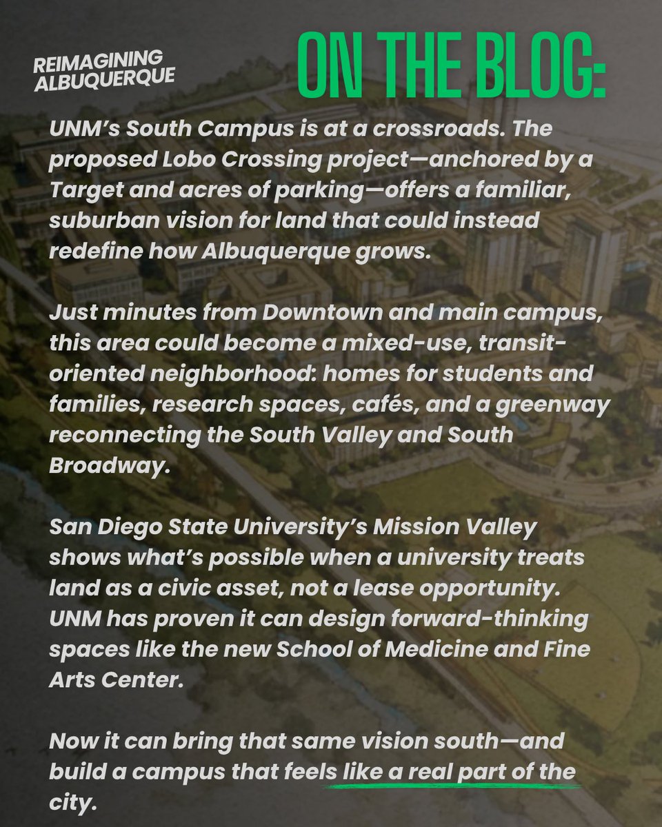 ReimaginingABQ's tweet photo. Imagine a South Campus that feels like a real neighborhood: homes, cafes, trees, and life. Not another shopping center in a sea of asphalt. UNM has a chance to get this right. Check out the link below👇

https://t.co/DKi8yzruQs https://t.co/vMSLVKV9dg