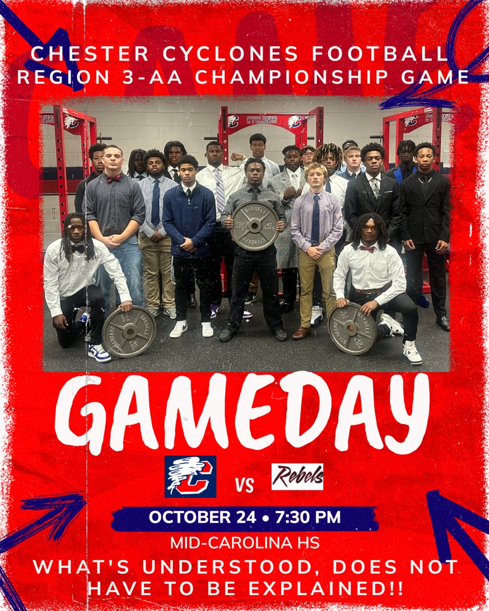 It’s GAME DAY, Chester! 🔴🔵
Cyclones travel to Mid-Carolina tonight — Region 3-AA Championship on the line! 7:30 kickoff.
All business. All pride. Let’s bring it home. 🌪️
#CyclonePride #BusinessTrip #GoCyclones <a href="/CNR_Sports/">News & Reporter</a>  <a href="/CoachCaldwell27/">Coach Caldwell</a> <a href="/CoachVfloyd/">Victor Floyd</a>