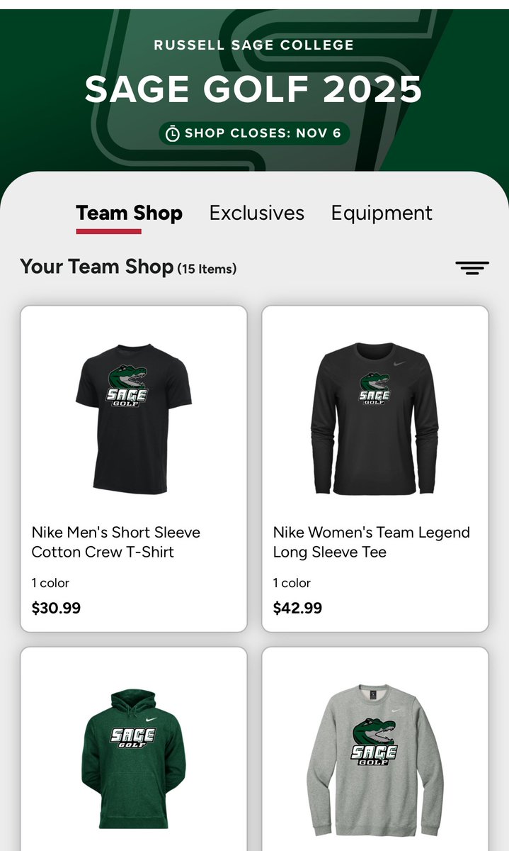 Check out the and #RussellSageCollege Men’s and Women’s Golf flash store at: bsnteamsports.com/shop/rscg2025

The fundraiser through BSN Sports runs until November 6. 

#SageNation / #SageGators 

🐊⛳️