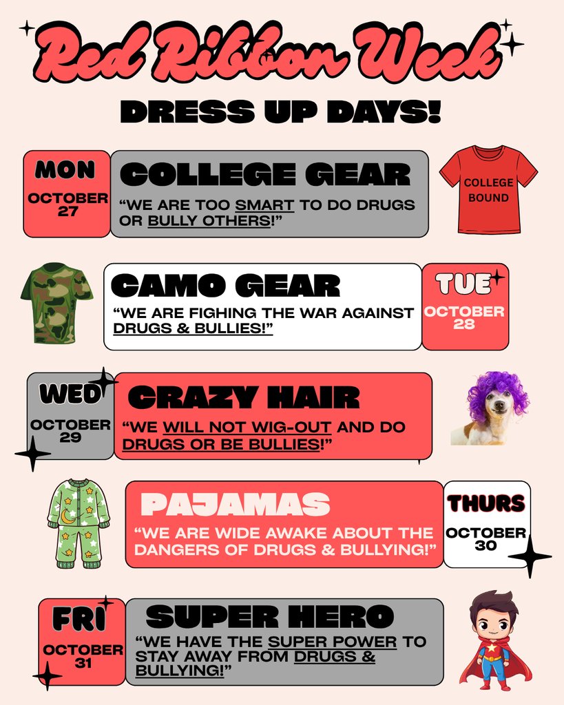 🎉 Red Ribbon Week is Here! ❤️
Join us as we take a stand against drugs and show our school spirit all week long! 👟🎈
Let’s make this week full of fun, spirit, and positive choices! 💪