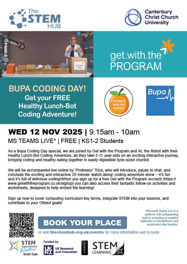 stem4sussex's tweet image. Bupa Coding Day! Join us for a FREE Healthy Lunch-Bot Coding Adventure, a fun, interactive show mixing coding + healthy eating for ages 5–11! 12 Nov, 9.15am👉Sign up: tinyurl.com/3nrah87f @gwtp_uk @STEMLearningUK #teachers @UKRI_News #primary #STEM