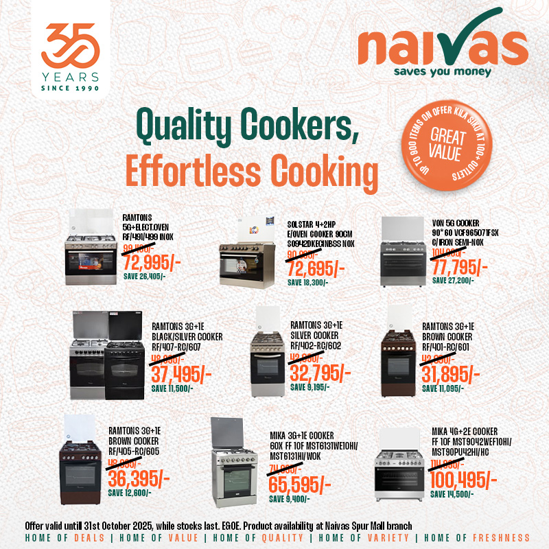 You deserve the best cooker for your kitchen. Head to Naivas Spur Mall for the big clearance sale and get a Von, Mika, Ramtons, Armco or Simfer standing cooker at a huge discount