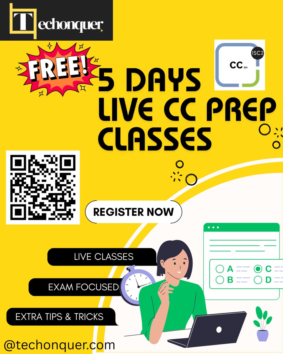 techonquer's tweet image. 💥 FREE 5-DAY LIVE CC PREP CLASSES! 💻
Get ready to ace your (ISC)² Certified in Cybersecurity (CC) exam with Techonquer!
Fill -&amp;gt;   
forms.gle/wSy8qoFNwccms7…
🎟 Register now — link in bio or scan the QR!       
#Cybersecurity #FreeClass #Techonquer #ISC2 #CCPrep #CyberCareer